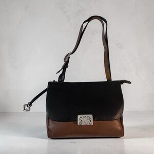 Brighton Leather Shoulder Bag Black Brown Colorblock Crossbody Silver Hardware